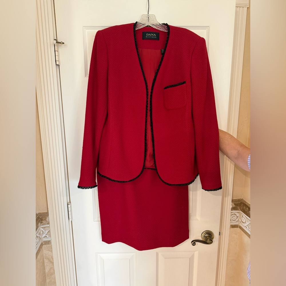 Dana buchman red wool skirt suit- 12 jacket, 10 skirt